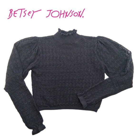 Betsey Johnson Tops - Betsey Johnson VTG Black Open Knit Top Mock Neck Statement Sleeve Victorian 6 M